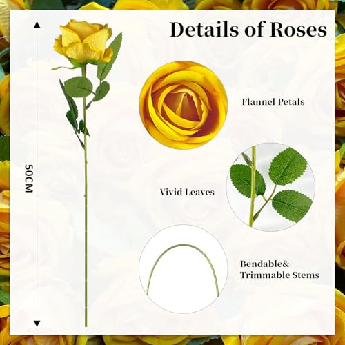 10 PCS Artificial Roses with Long Stems Silk Flowers Realistic Foam Flowers Fake Roses for Valentine's Day Home Wedding Halloween Decor(Yellow) - color: Yellow