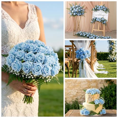 Ttranewsoo Fake Roses Faux Flowers Silk Roses 24PCS Artificial Roses with Stems Realistic Artificial Flowers Suitable for Indoor Home Decoration DIY Bouquet Wedding Decor Party Decoration Blue,16.5In - color: Blue 24pcs