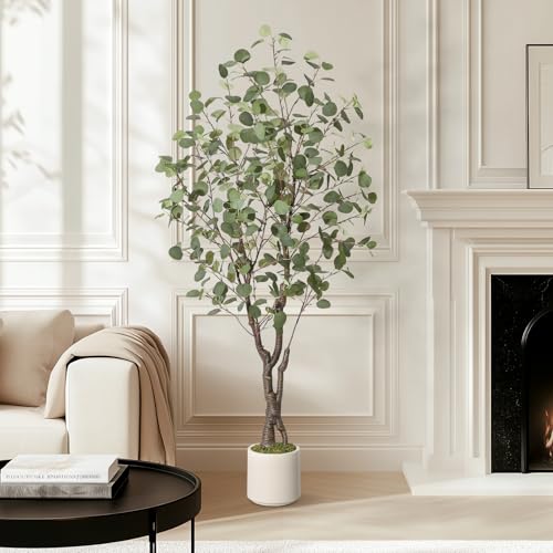 GarveeHome Artificial Eucalyptus Tree Indoor, 5 ft Tall Fake Artificial Plant with White Planter，Large Faux Floor Plant Fake Silk Trees Artificial Trees for Home Decor Indoor - size: 5ft