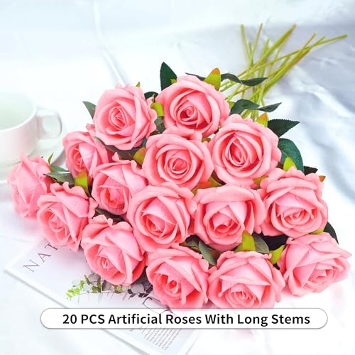 20PCS Artificial Roses with Long Stems - Realistic Silk Flowers, Fake Roses Real Touch Bouquet Roses for Home Decor, Bridal Wedding Table Centerpieces, Faux Rose Flowers (Pink Purple) - color: Pink&purple, size: 20 PCS