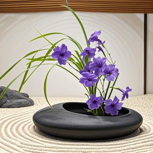 Ikebana Vase Kit - Japanese Oval Ceramic Bowl Vase with 2.8'' Diameter Floral Frog，Kenzan Ikebana Set with Frog Flower Holder for Japanese Flower Arrangement (Black, 2.8'' Floral Frog Included) - color: Black, size: 2.8'' Floral Frog Included