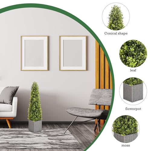 48 Inch Artificial Boxwood Topiary Tree 2 Pack, Two 4FT Potted Boxwood Tree Cone Topiary Artificial Plant Shrub for Front Porch Home Office Decor…… (2, 4FT)