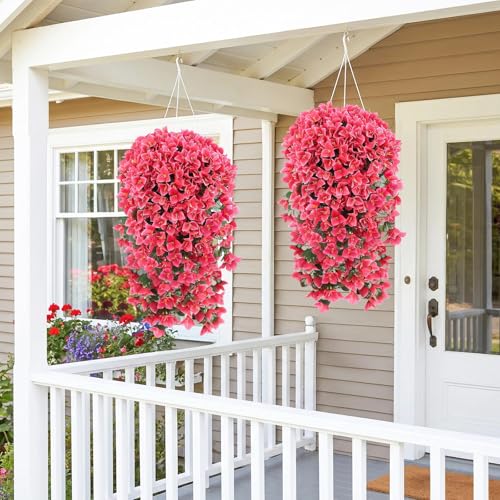 ATTGREAT Artificial Bougainvillea for Outdoors Faux Plants UV Resistant Flowers Fake Plastic Plants Realistic Silk Flowers for Porch Planter Garden Outside Hanging Decoration, 2Pcs (Rose Red) - color: Rose Red