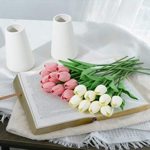 Real-Touch Artificial Tulips with 2 Ceramic Vases, 20 Stems Faux Floral Arrangement Set, Spring Easter Table Centerpiece, Modern Farmhouse Decor - color: Pink & Ivory With 2 Vases