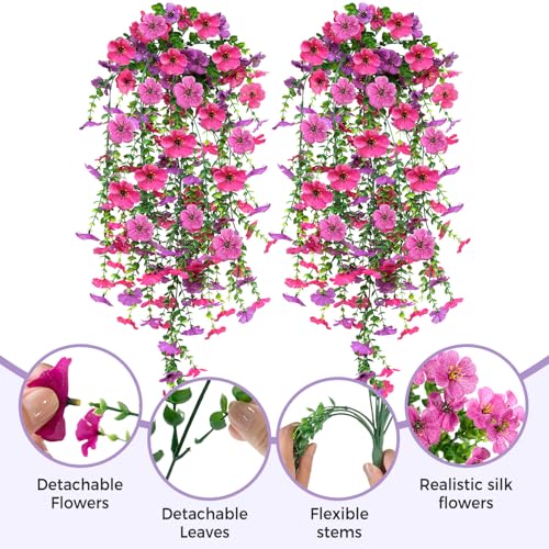 2 PCS Artificial Hanging Flowers for Outdoors Decorations, Spring Summer Realistic Silk Daisy with Eucalyptus, UV Resistant Faux Plants for Patio Home Decor Window Box (Rose Red&Light Purple) - color: Purple + Hot Pink&2pcs Hanging