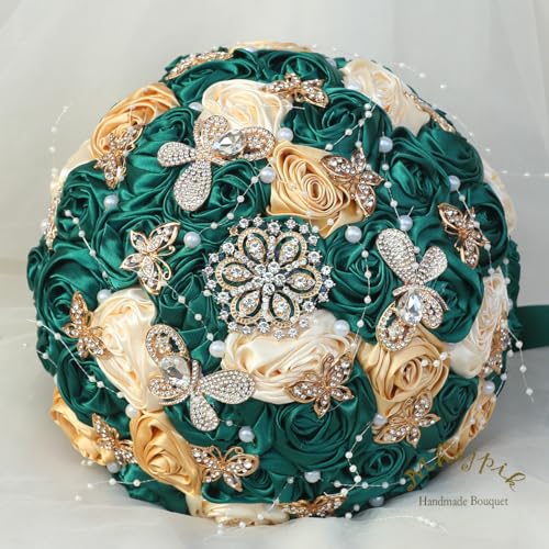 Handmade Wedding Flowers Bouquet Round Holding Bridal Bouquet Artificial Satin Roses Bunch for Bride Bridesmaid Wedding Quinceanera - color: Dark Green, Cream & Light Gold, size: Small (Dia. 7.5"/19cm)