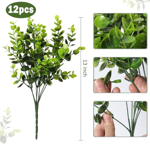 RECUTMS 12 Bundles Artificial Bushes Greenery Plants Stems Faux Shrubs Boxwood Plants Outdoor Fake Eucalyptus for Spring Summer Farmhouse Home Office Wedding Graduation Indoor Outdoor Decor(Green) - color: Green, size: 12 Pcs