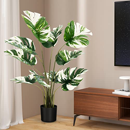 Goplus 4ft Artificial Monstera Deliciosa Plant, 2 Pack Tall Fake Tropical Palm Tree in Pot with 10 Decorative Split Leaves, Faux Swiss Cheese Plant for Floor Home Office Living Room Decor