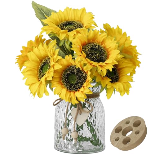 Artificial Sunflowers Flowers with Vase,Fake Flowers Bouquet for Sunflower Decor,Sunflower Kitchen Decor,Silk Flowers for Home Decor Living Room,Flower Centerpieces for Tables,Office Decor,Boho Decor - color: Orange Yellow