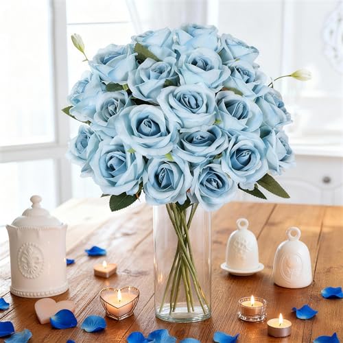 50PCS Artificial Roses with Long Stems - Realistic Silk Flowers, Fake Roses Real Touch Bouquet of Roses for Home Decor, Bridal Wedding Party Table Centerpieces, Bulk Faux Rose Flowers ( Sky Blue ) - color: Sky Blue, size: 50 PCS