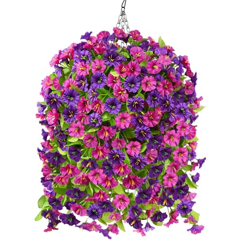 Homsunny Artificial Faux Hanging Flowers Plants Baskets for Outdoor Spring Summer Decorations,Resistant Fake Morning Glory Silk Plants for Outside UV Resistant Patio Yard Home Porch Decor(Mix Purple) - color: Mix Purple