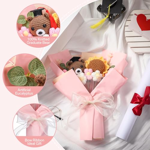 Graduation Crochet Flower Bouquet Set Includes Knitted Bear Knitted Sunflower Daisy Eucalyptus Greeting Card Gift Bag 2026 Pink Flower Bouquet Graduation Gift - color: Pink, style: Knitted Bear and Sunflowers