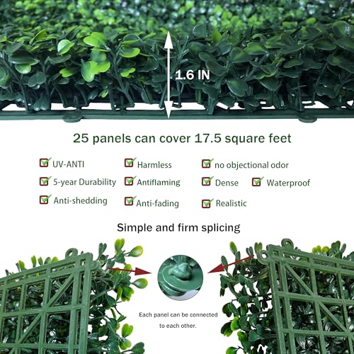 ODTORY Artificial Grass Wall Panel Backdrop,10 X 10 in 25P(17.5 sqft) UV-Anti Greenery Boxwood Panels for Indoor Outdoor Green Wall Decor & Ivy Fence Covering Privacy - size: 10"X10" 25P