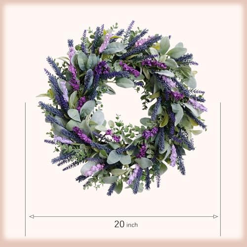 Lavender Wreaths for Front Door, 20 inch Artificial Farmhouse Wreaths for Wall Window Party Wedding Decor Indoor Outdoor Spring Summer Fall Decoration - size: 20 Inch