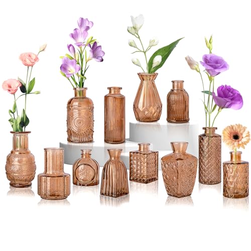 Gold Amber Glass Bud Vase Set of 12, Small Vintage Flower Bottle Petite Glass Flower Vase for Floral Arrangements, Decorative Centerpiece,Table Decor,Home Wedding Party - color: Amber