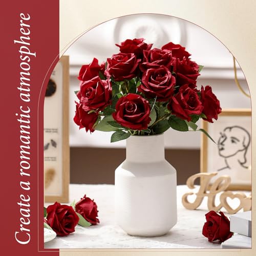 Hotop 40 Pcs Rose Artificial Flowers Bulk with Long Stem,Realistic Silk Fake Roses Bouquet for Home Wedding Centerpieces Party Table Decoration Valentines Gifts(Wine Red) - color: Wine Red