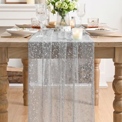 Artoid Mode Grey Gold Gauze Table Runner 120 Inch 10FT, Glitter Metallic Foil Sheer Dining Wedding Anniversary Holiday Birthday Table Decor for Home Party - color: Grey, size: 28" x 120"