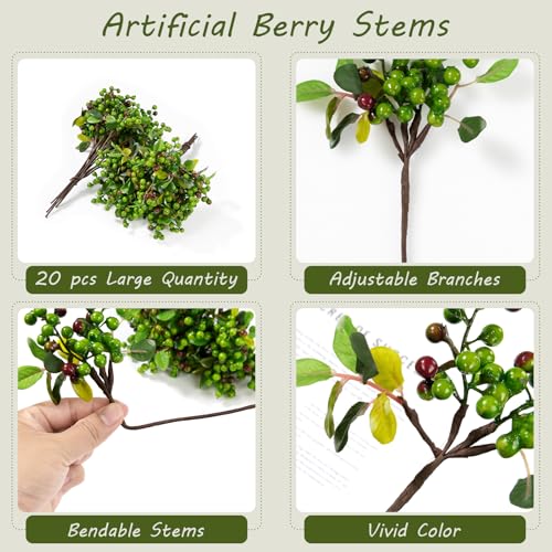 SHACOS Artificial Green Berry Stems 20 PCS 9.8 inch Fake Berries with Green Leaves Berry Picks for Wreath Wedding Bouquet Decorations Crafts Holiday Spring Home Decor, Green - color: Green, size: 20 PCS