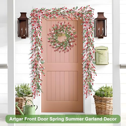 Artgar Flower Garland 6Ft Spring/Summer Garland Floral Garlands for Mantle All Year Round Paper Garlands Decor for Indoor Outdoor Home Wedding Arch Porch Stair Backdrop Year Round Decor (Red Pink) - color: Red Pink (6ft)