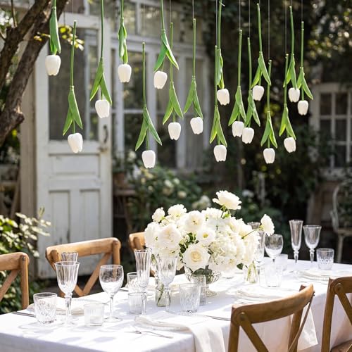 12 Pack White 5 ft Artificial Tulips Hanging Flower Garland Decorations Spring Summer Dangling Faux Tulip Floral Vine Strings with Hooks for Wall Ceiling Wedding Tea Party - color: White