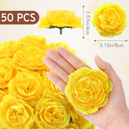 Thiccywoov 50 Pcs Artificial Flowers, 3.2 Inches Silk Rose Head Flowers Fake No Stem for Wedding Bridal Bouquet Home Floral Decor DIY Centerpieces Arrangements Party Tables Decoration(Yellow) - color: Yellow