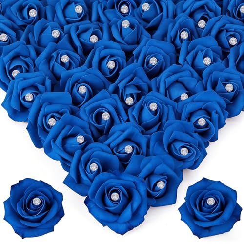 100Pcs Real Looking Royal Blue with Diamonds Artificial Rose Flower Heads, Foam Fake Roses for DIY Wedding Decorations Baby Shower Centerpieces Home Party Valentine's Day Mother's Day Decor - color: 100pcs Royal Blue With Diamonds