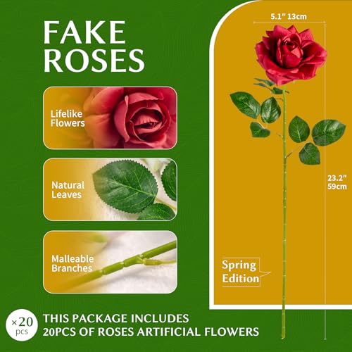 Artificial Flowers Artificial Roses Fake Roses 20PCS Long Stem Artificial Flowers for Tall Vase Silk Rose Suitable for Indoor Wedding Party Decor Valentine's Day DIY Bouquet Spring,Red, 23.2In - color: Red