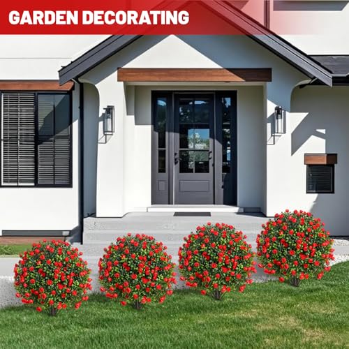 Artificial Topiary Ball Trees with Rose, 2 Pack Artificial Shrubs Bushes with Ground Spike, Fake Plants for Outdoor Front Porch Decor UV Resistant - color: 2 Pack 23" Red Rose