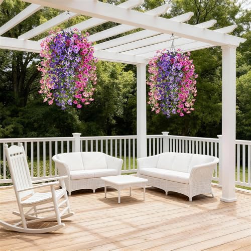 INQCMY Artificial Fake Hanging Plants Flowers Basket for Spring Outdoor Outside Decoration,UV Resistant Faux Silk Flower in Planter for Home Patio Porch Balcony Garden Yard Decor(Mixed Color) - color: Mixed Color3(2 Deep Purple,2 Light Purple,2 Deep Pink,