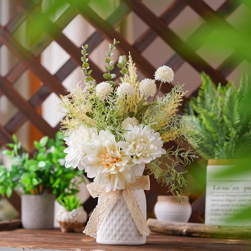 LUEUR Artificial Flowers in White Ceramic Vase Centerpieces – Spring Silk Flower Arrangement for Coffee Table Decor, Faux Flower Bouquet for Home Indoor Decoration, Bathroom, Dining Room, Kitchen - color: White