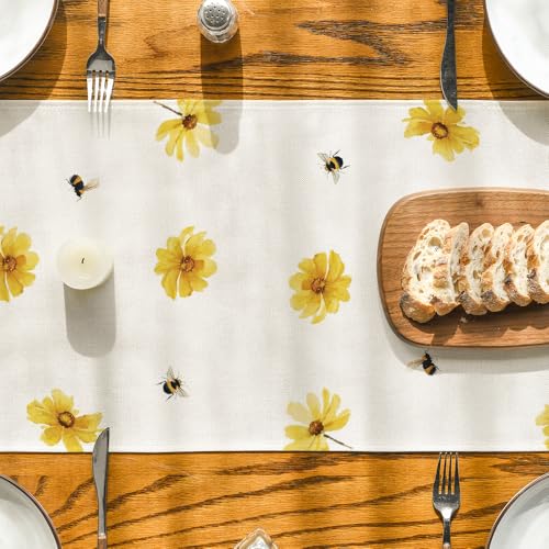 Artoid Mode Yellow Flowers Daisy Bees Summer Table Runner, Seasonal Easter Fall Holiday Kitchen Dining Table Decoration for Home Party Indoor 13x36 Inch - size: 13" x 36", Table Runner