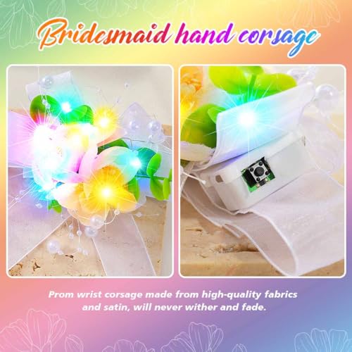 Light Up Bride Wedding Wrist Corsage LED Prom Corsages Bridal Wrist Flower for Women and Girls (Colorful Light)