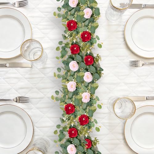 2 Pack 12Ft Artificial Flower Garland with Eucalyptus and 12 Roses, Fake Rose Garland Floral Vines for Wedding Backdrop, Table Centerpieces, Party Decor, Wall Greenery (Red Pink, 2PCS) - color: Red Pink