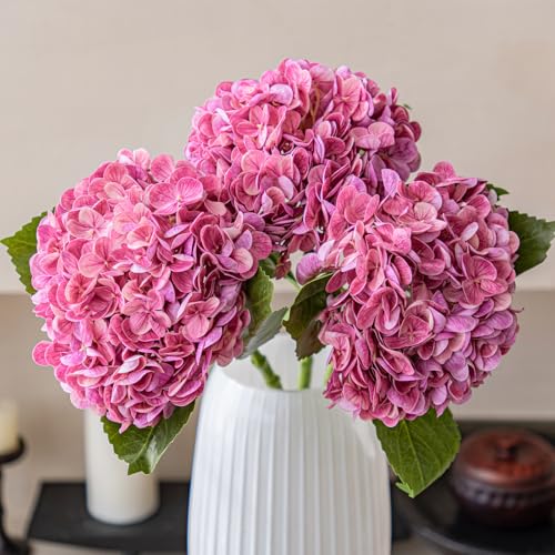 22" Large Real Soft Touch Artificial Hydrangea Flowers Bouquet Latex Hydrangeas for Wedding, Home, Office, Bridal Party Decoration Garden Office Room Table Centerpieces 3pcs Magenta - color: 3pcs Magenta