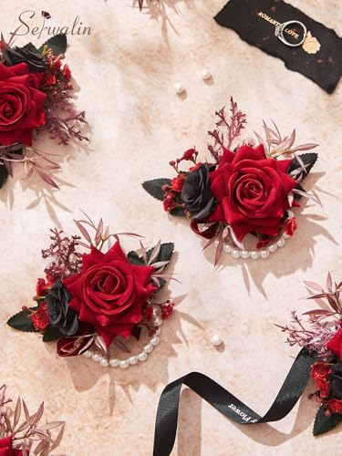 Serwalin 6Pcs Red Wrist Corsage for Wedding, Artificial Silk Rose Flower Wrist Corsage Wristlet for Prom Homecoming Party Accessories for Bride Bridesmaids, Mother of Bride and Groom - color: Red, size: Corsage 6pcs