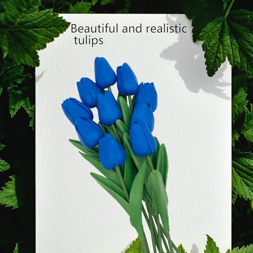 Blue Flowers Fake Tulips Artificial Flowers, 13 Inch Real Touch PU Flowers for Decoration, 10 Pcs Tulip Flowers Bouquet for Vase, Mother's Day Easter Valentines Gifts - color: Blue