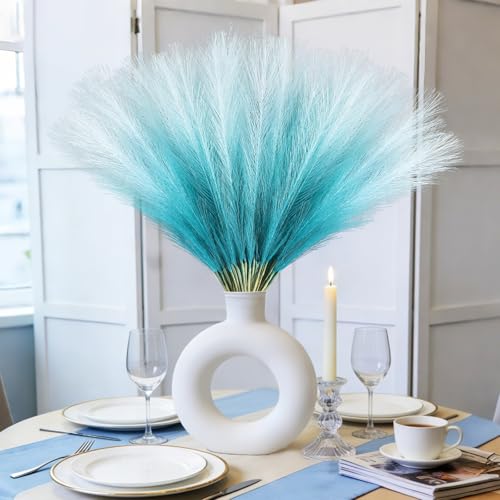 TORONTOKYO Light Blue Pampas Grass Decor, 50Pcs 21.6 inch Artificial Short Faux Pompas Grass, Boho Neutral Home Decor Bouquet for Floor Vase, Wedding, Party, Farmhouse, Bedroom Decor (Sky Blue) - color: Sky Blue, size: 21.6inch-50Pcs