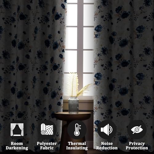 Renaiss Blue and White Floral Blackout Curtains Gold Line Rose Flowers Thermal Insulated Window Drapes for Bedroom 29W x 45L inches 2 Panel Set Window Curtain Panels for Kitchen - color: Blue, size: 29"W x 45"L (Pack of 2)
