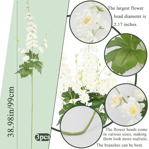 3 Pcs Delphinium Artificial Flowers 40" Long Stem Silk Larkspur Flowers Bulk White Faux Delphinium Stems for Tall Floor Vase Wedding Floral Arrangement Centerpieces Outdoor Home Decor Indoor - color: White