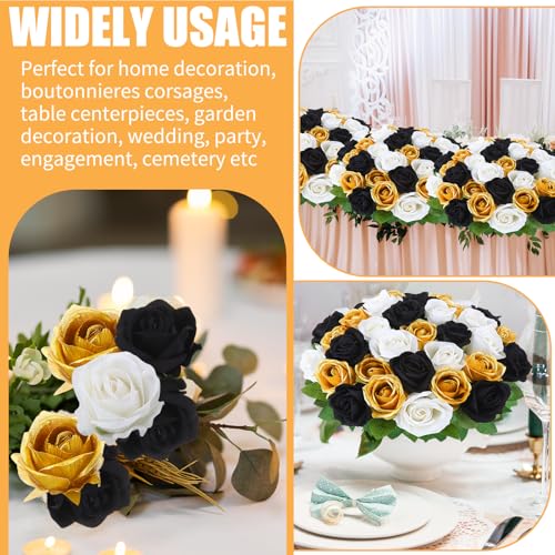 36 Pcs Velvet Texture Black, Gold, White Artificial Flowers Bridal Bouquet, Fake Rose Long Stem Realistic Flowers Bulk for Valentine's Day Wedding Bouquet Ball Arrangement Centerpiece Party - color: Black, Gold, White
