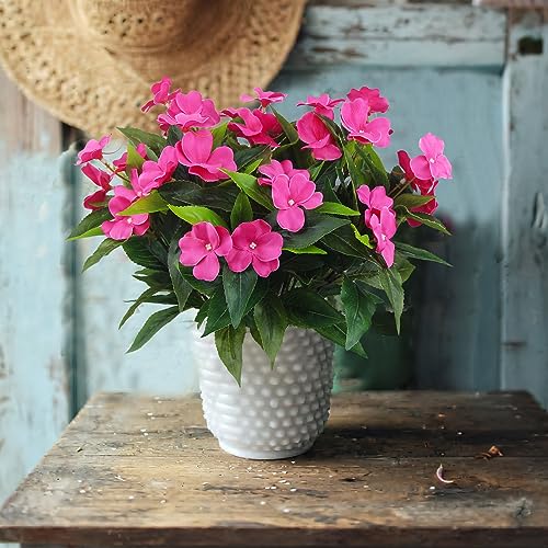 2 Branches Artificial Impatiens Flowers for Outdoors - Faux Bushes Rose Red Silk Flowers Greenery Bouquet for Patio Lawn Garden Pot Hanging Basket Porch Decoration - color: Rose Red