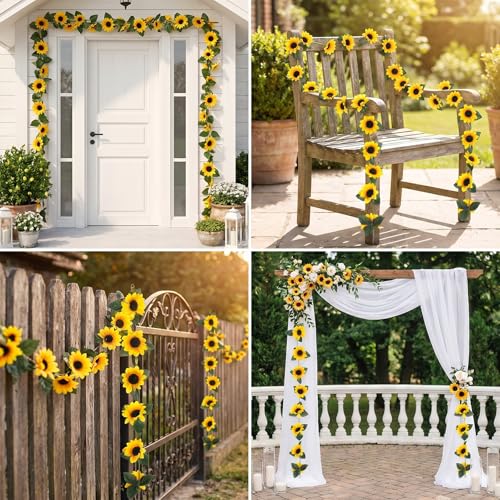 4 Pack Artificial Sunflower Garland Silk Sunflower Decor 2.3m Long with Green Leaves and Fade Resistant Petals for Wedding | Sunflowers Decorations for Garden Party Wall Home Floral Arrangement