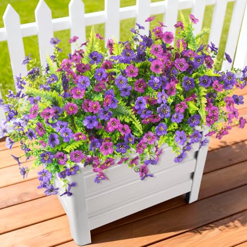 Artificial Flowers for Outdoors, 12 Bundles Multicolor Silk Fake Flower with Ferns for Spring Summer Decoration, UV Resistant Artificial Outdoor Faux Plants for Home Planter Porch Patio Yard Decor - color: Light/Deep Purple and Fern