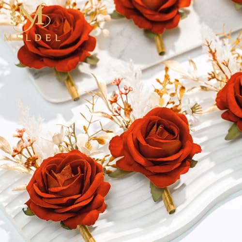 Burnt Orange Velvet Rose Boutonniere for Men,Set of 6,Groom and Best Man Boutonnieres with Artificial Flower,for Wedding Ceremony Anniversary, Dinner Party, Fall Vintage Rustic Marriage Prom - color: 6pcs Orange Boutonnieres
