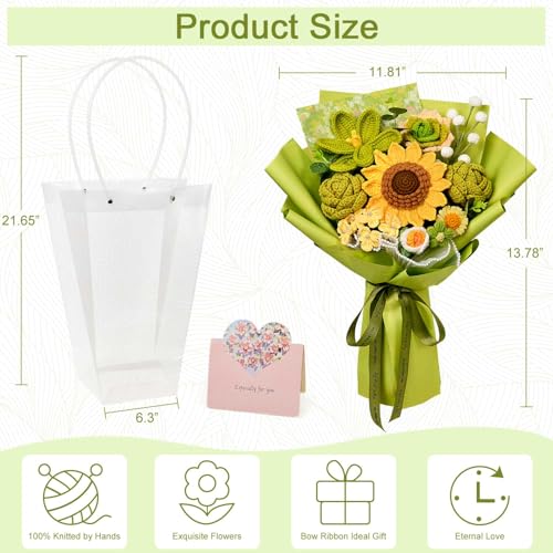 Crochet Flower Bouquet, Crochet Sunflower Bouquet, Green Knitted Flowers for Graduation or Back-to-School Gifts, Mother's Day, Father's Day, Anniversary, Birthday, Valentines Day Gifts (Large-Green) - color: Large-green