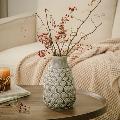 Ceramic Flower Vase, 9.06” Rustic Farmhouse Decorative Vase for Home Decor, Gray Textured Pottery Vase for Pampas Grass, Living Room, Entryway, Mantel, Kitchen Table, Centerpiece - color: 402-grey