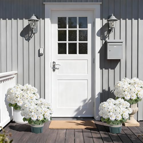 Geraniums Artificial Flowers for Outdoors, 2 Pack Potted Plants White Faux Geraniums Bush Artificial Topiaries Realistic UV Resistant Fake Flowers Plants for Planters Outside Gardens Front Door Indoor - color: White
