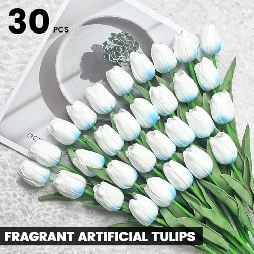 30 PCS Artificial Tulips Real Touch Tulips 13.5inch Long Stem Fake Flowers Silk Flowers for Spring Easter Mother's Day Decorations（White+Light Blue） - color: White+light Blue