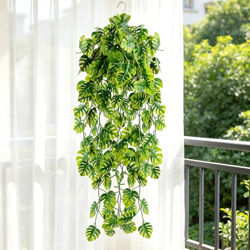 CLONG Artificial Hanging Plants Fake Monstera Hanging Plant UV Resistant Plastic Plants for Outdoor Decoration (6, Green)
