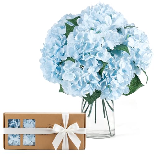 Auihiay 10PCS Hydrangea Artificial Flowers, Realistic Blue Hydrangea Fake Flowers, Faux Hydrangeas for Wedding Centerpieces, DIY Bouquets, Bridal Shower, Home Decoration, Mother's Day, Garden (Blue) - color: Light Blue